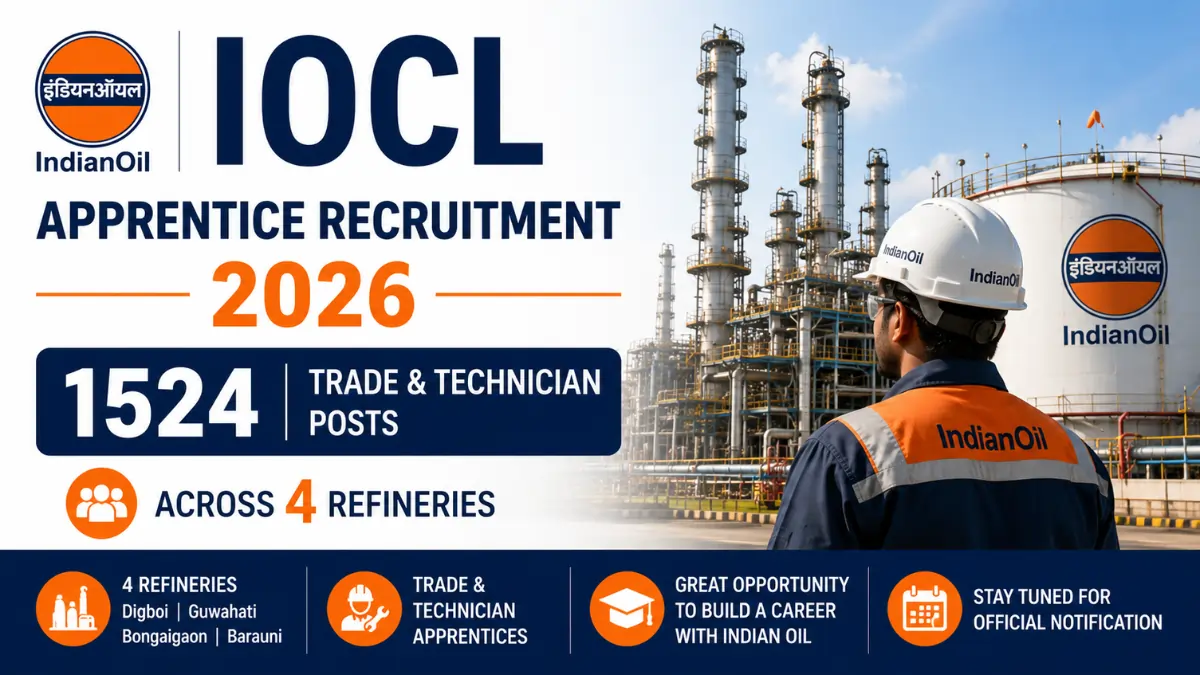 IOCL Apprentice Recruitment 2026 notification announcing 1524 Trade and Technician Apprentice vacancies across four Indian Oil refineries.