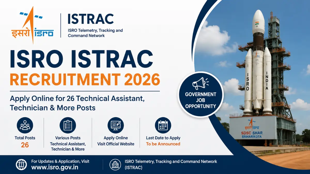 ISRO ISTRAC Recruitment 2026 banner showing 26 vacancies for Technical Assistant, Technician and other posts with Apply Online notification.