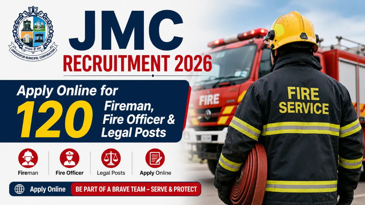 JMC Recruitment 2026 notification inviting online applications for 120 Fireman, Fire Officer and Legal posts under Jamshedpur Municipal Corporation.