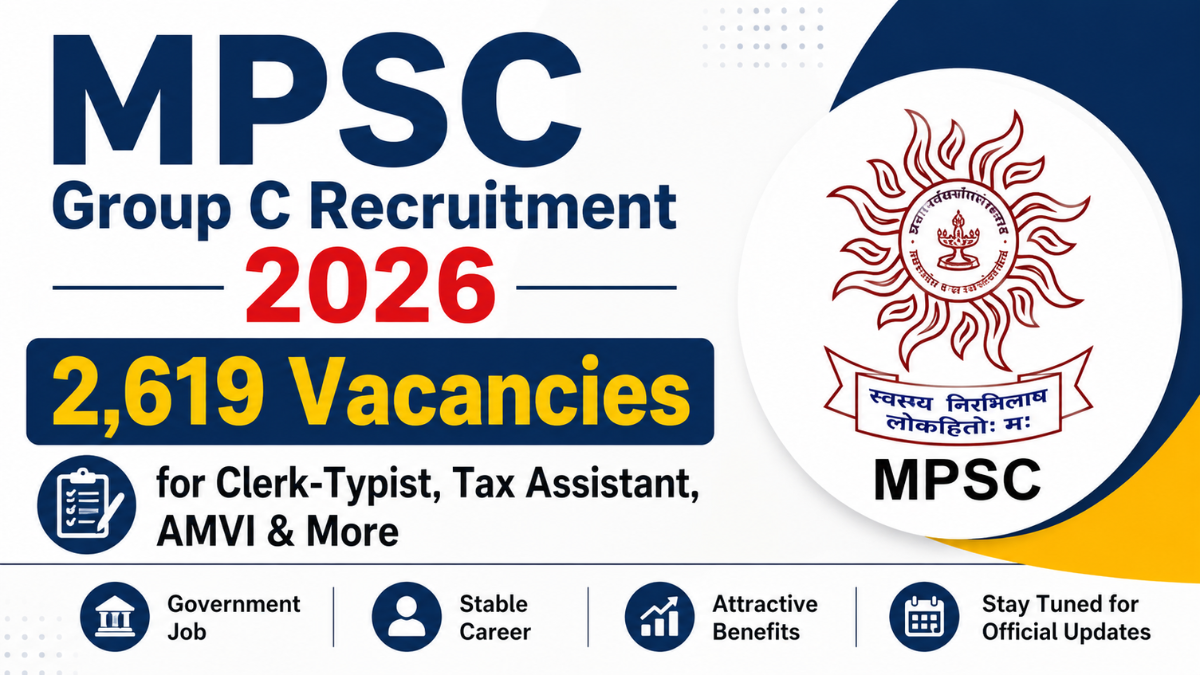 MPSC Group C Recruitment 2026 notification banner showing 2619 vacancies for Clerk-Typist, Tax Assistant, AMVI and other government posts