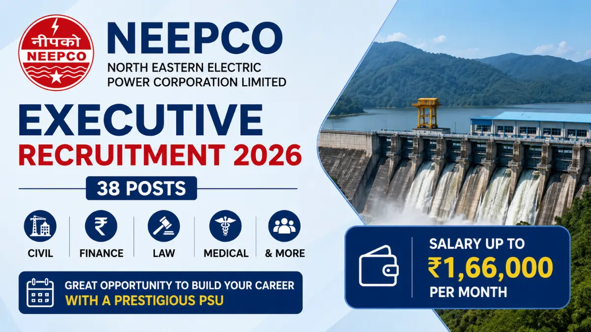 NEEPCO Executive Recruitment 2026 notification for 38 Executive posts in Civil, Finance, Law, Medical and other disciplines with salary up to ₹1,66,000 per month.