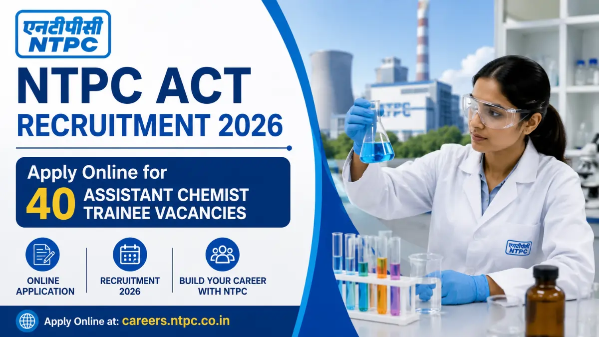 NTPC ACT Recruitment 2026 notification banner showing 40 Assistant Chemist Trainee vacancies, online application details, and NTPC career opportunities.