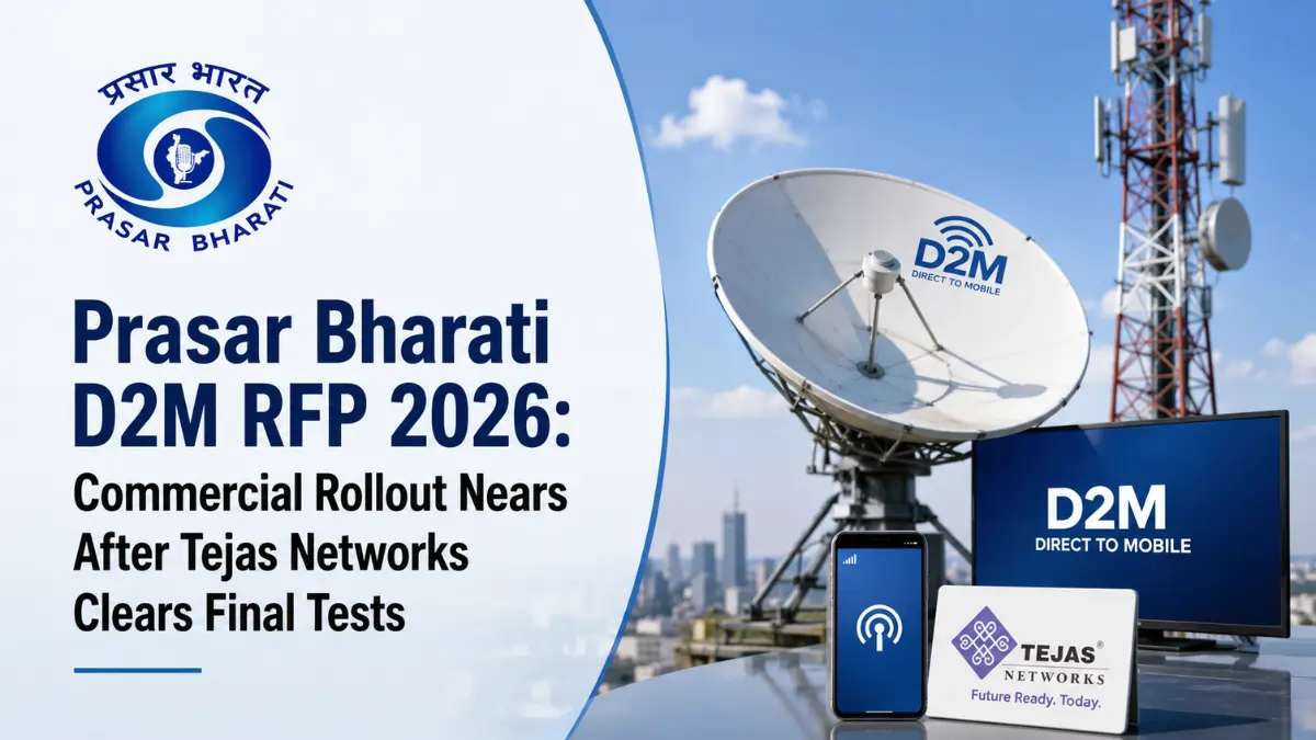 Prasar Bharati D2M RFP 2026 graphic showing Direct-to-Mobile technology rollout, telecom infrastructure, and Tejas Networks after successful final testing.
