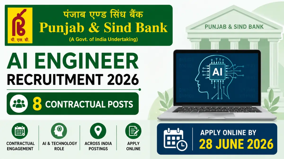 Punjab & Sind Bank AI Engineer Recruitment 2026 notification for 8 contractual AI Engineer posts with online application deadline of 28 June 2026