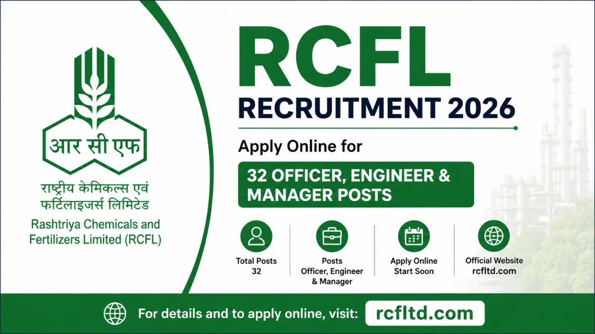 RCFL Recruitment 2026 notification image showing 32 Officer, Engineer and Manager vacancies, online application details, and official website rcfltd.com.