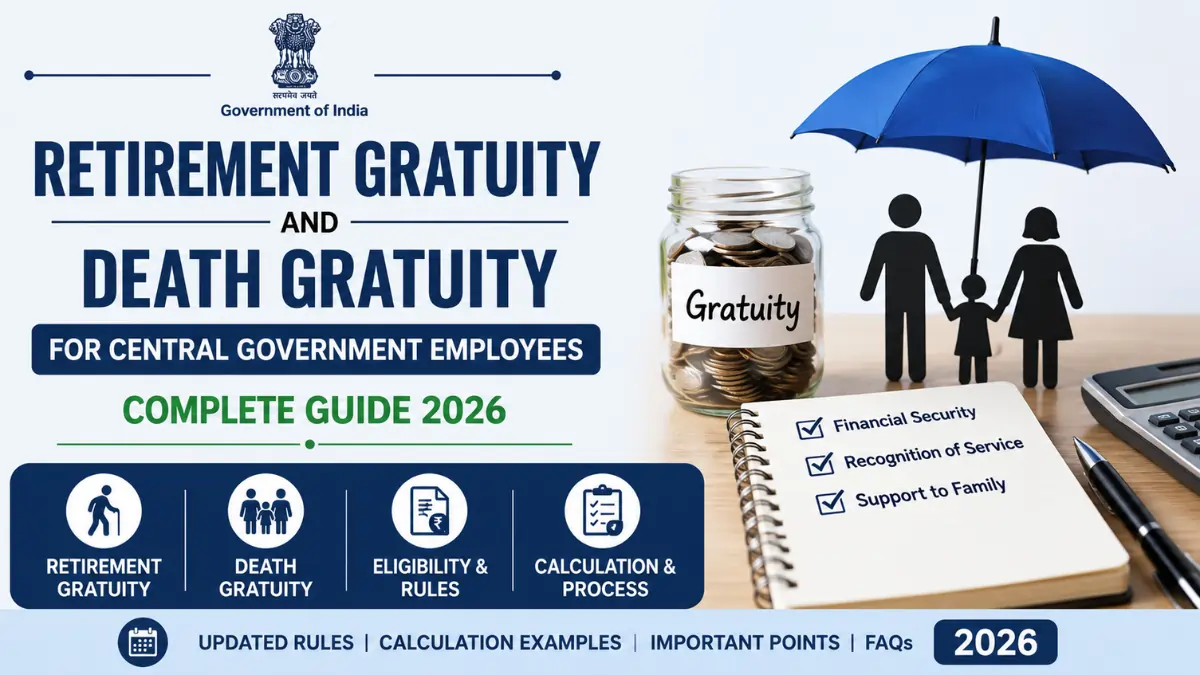 Retirement Gratuity and Death Gratuity for Central Government Employees – Complete Guide 2026 with eligibility, calculation, benefits, payment rules, and latest government updates.