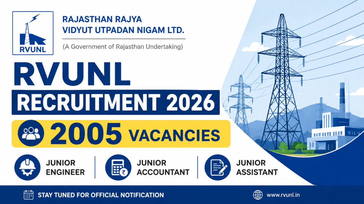 RVUNL Recruitment 2026 notification for 2005 vacancies of Junior Engineer, Junior Accountant and Junior Assistant posts in Rajasthan power companies.