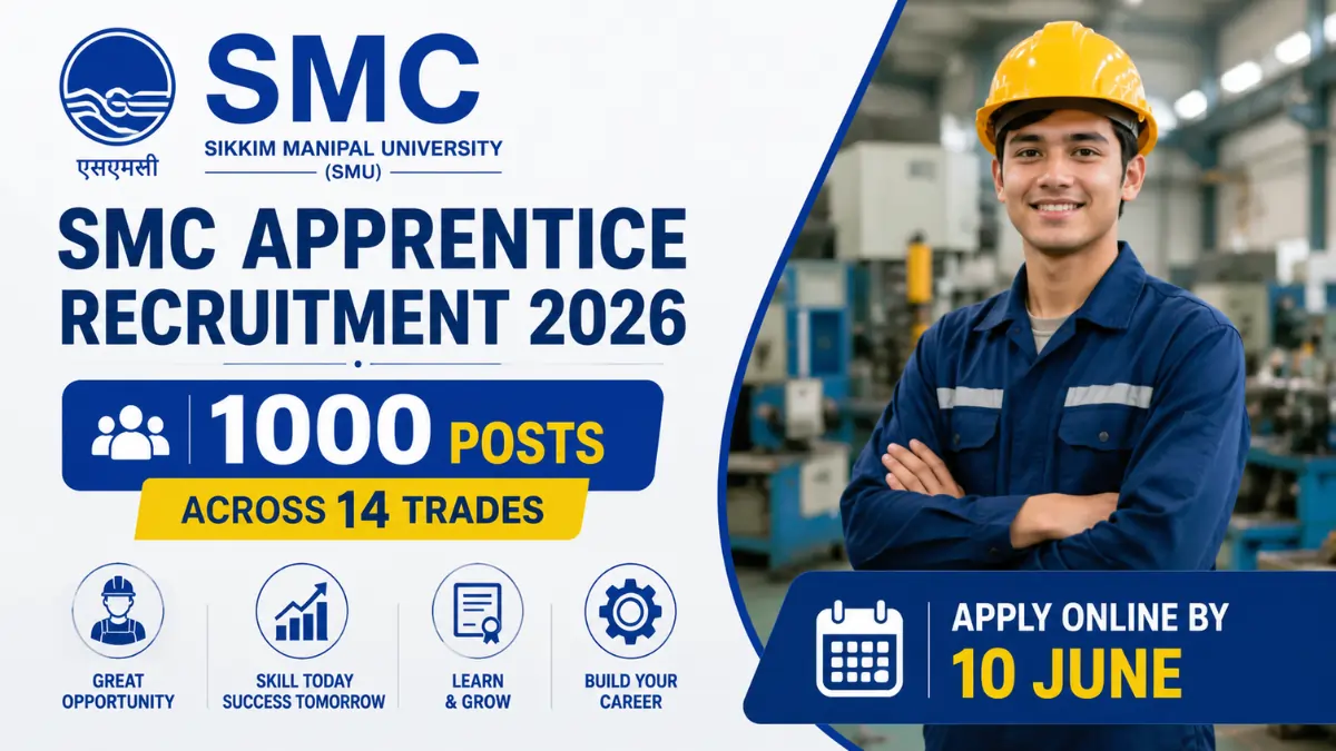 SMC Apprentice Recruitment 2026 notification for 1000 apprentice vacancies across 14 trades with online application deadline of 10 June 2026.