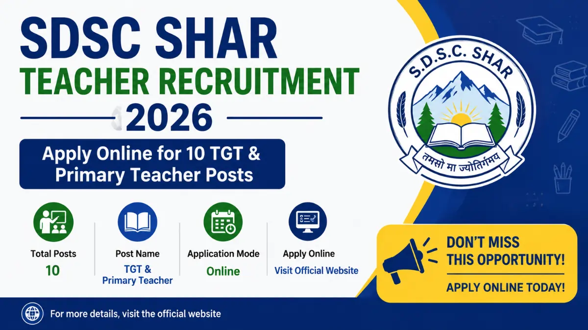 SDSC SHAR Teacher Recruitment 2026 notification for 10 TGT and Primary Teacher posts with online application details.