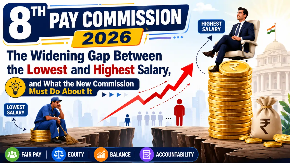 Illustration showing the widening salary gap between the lowest and highest paid Central Government employees under the 8th Pay Commission Pay Ratio 2026, highlighting the need for fair pay and balanced salary revision.