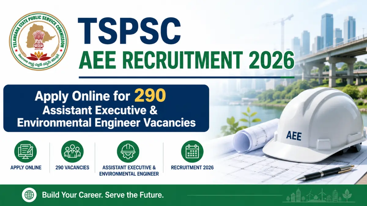 TSPSC AEE Recruitment 2026 notification for 290 Assistant Executive Engineer and Environmental Engineer vacancies with online application details.