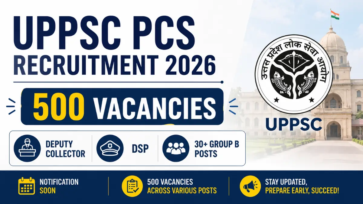 UPPSC PCS Recruitment 2026 notification featuring 500 vacancies for Deputy Collector, DSP and 30+ Group B posts