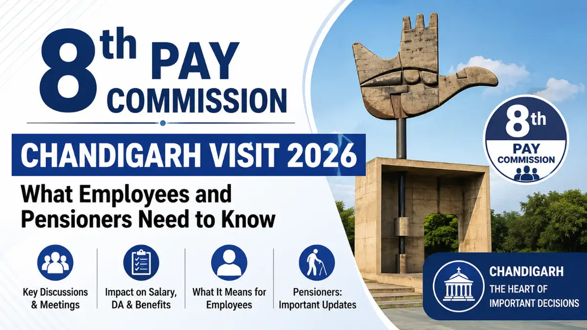 8th Pay Commission Chandigarh Visit 2026 with Chandigarh Open Hand Monument highlighting updates for Central Government employees and pensioners.