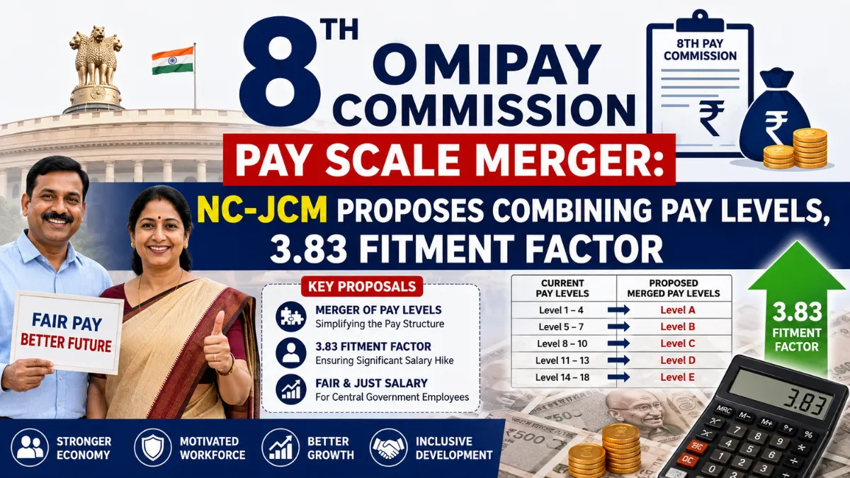 8th Pay Commission Pay Scale Merger 2026 showing NC-JCM proposal to combine pay levels and recommend a 3.83 fitment factor for Central Government employees.