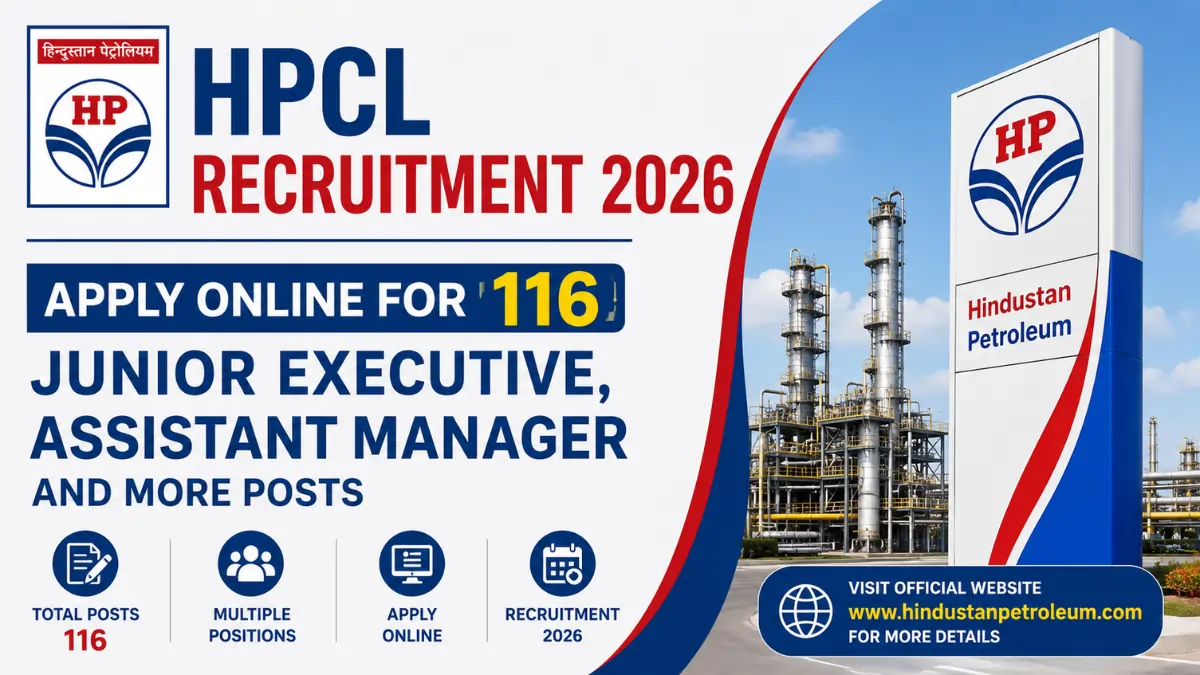 HPCL Recruitment 2026 banner for 116 Junior Executive, Assistant Manager and other posts with HPCL logo and refinery background.