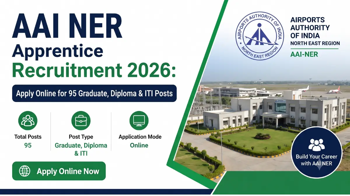 AAI NER Apprentice Recruitment 2026 notification for 95 Graduate, Diploma and ITI Apprentice vacancies in the Airports Authority of India North Eastern Region.
