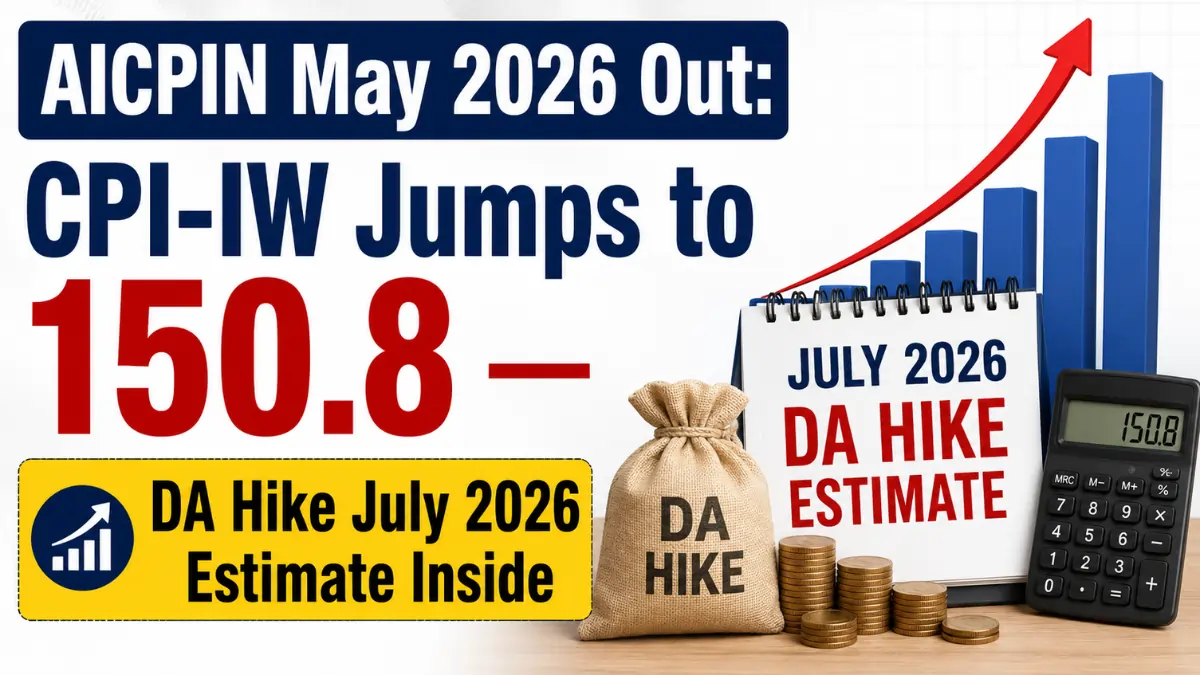 AICPIN May 2026 update showing CPI-IW rising to 150.8 with the estimated Dearness Allowance (DA) hike for July 2026 highlighted using charts, calendar, and financial icons.