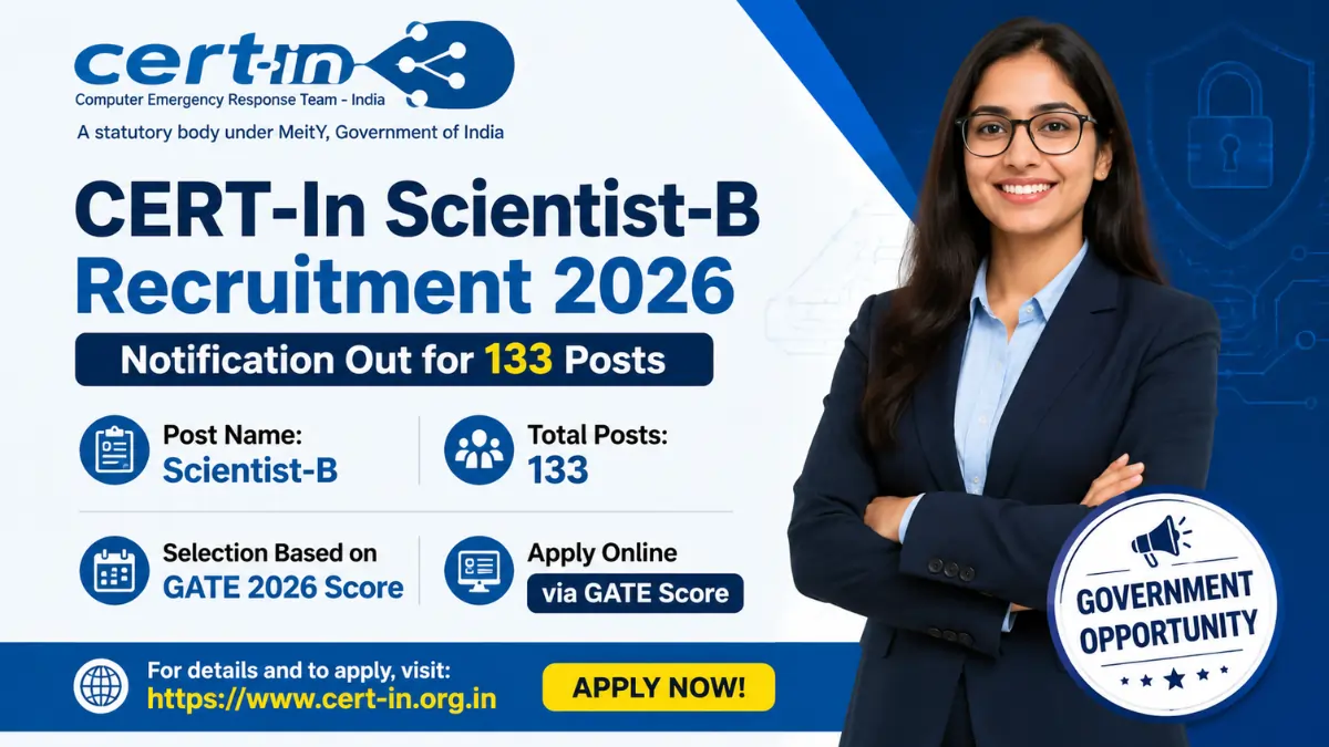 CERT-In Scientist-B Recruitment 2026 notification announcing 133 Scientist-B vacancies with selection through GATE score under the Ministry of Electronics and Information Technology.