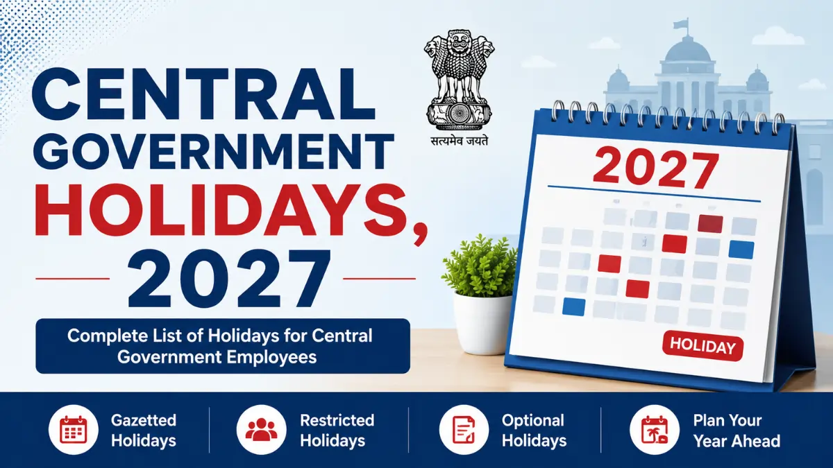 Central Government Holidays 2027 calendar showing the official gazetted, restricted, and optional holidays for Central Government employees in India.