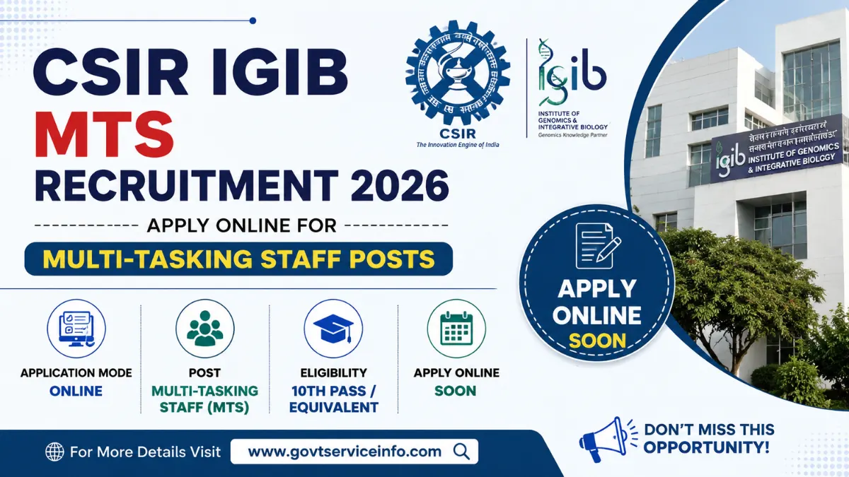 CSIR IGIB MTS Recruitment 2026 banner showing Apply Online for Multi-Tasking Staff (MTS) Posts with institute building and recruitment details.