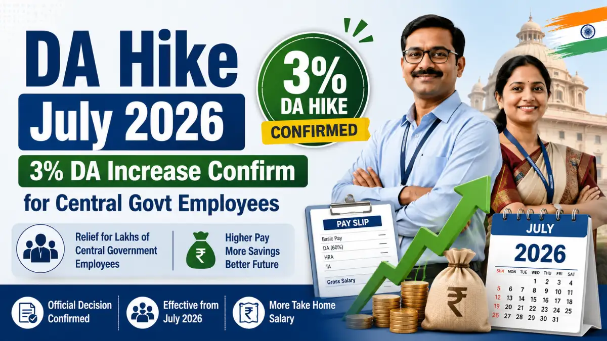 DA Hike July 2026 – 3% DA Increase Confirm for Central Government Employees with salary hike and pay slip illustration.