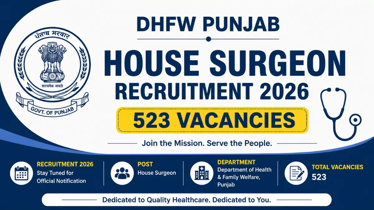 DHFW Punjab House Surgeon Recruitment 2026 notification inviting online applications for 523 House Surgeon vacancies in the Department of Health and Family Welfare, Punjab.