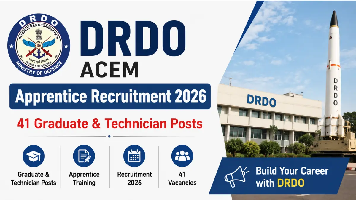 DRDO ACEM Apprentice Recruitment 2026 notification for 41 Graduate and Technician Apprentice vacancies.