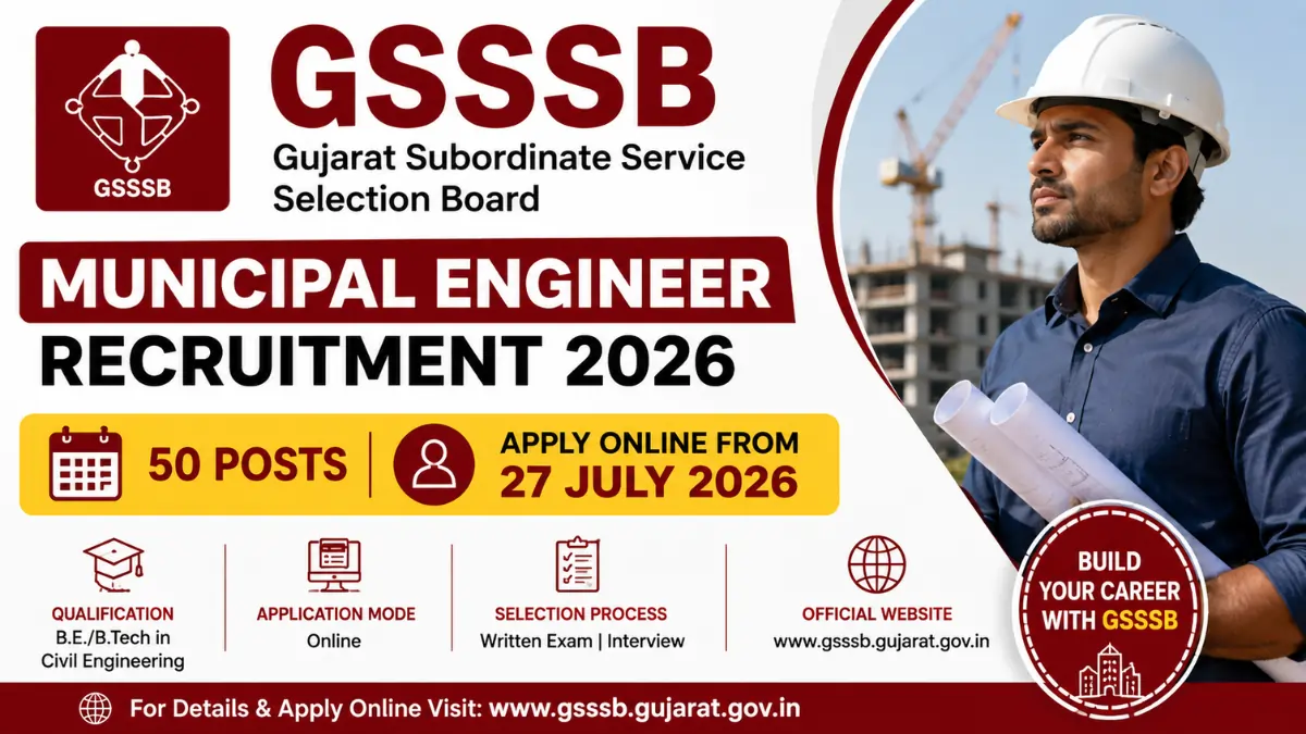 GSSSB Municipal Engineer Recruitment 2026 notification for 50 posts. Apply online from 27 July 2026.