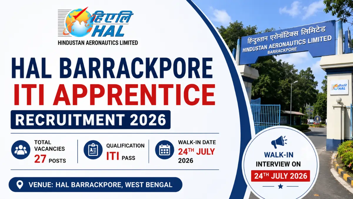 HAL Barrackpore ITI Apprentice Recruitment 2026 notification for 27 ITI Apprentice posts with walk-in interview on 24 July 2026.