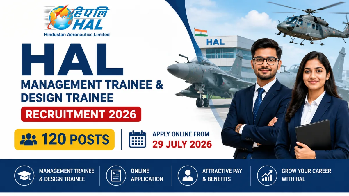 HAL Management Trainee Recruitment 2026 notification for 120 posts. Apply online from 29 July 2026 through the official recruitment portal.