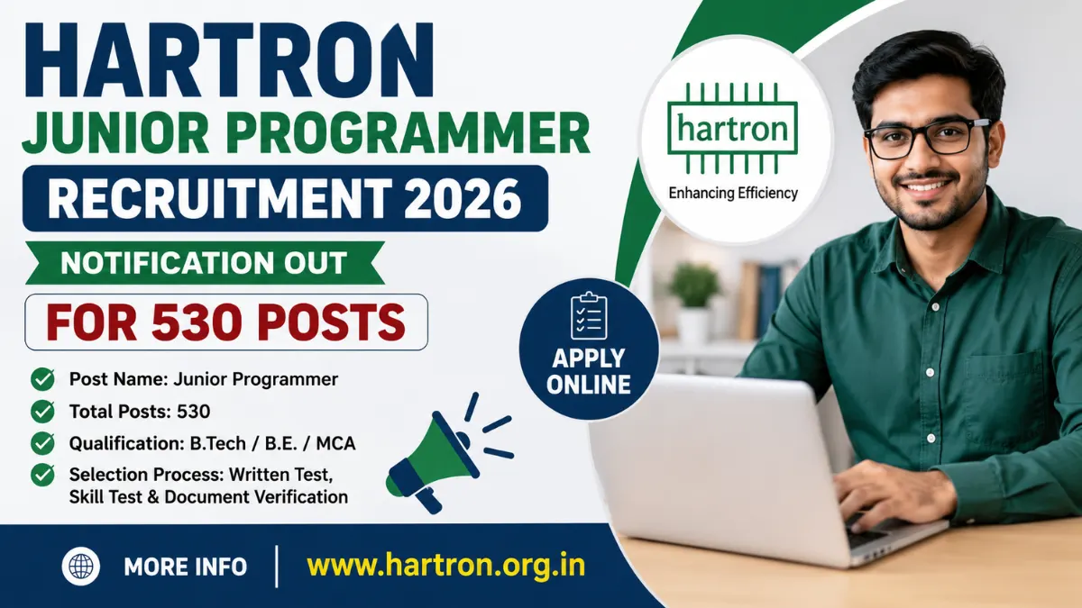 Hartron Junior Programmer Recruitment 2026 notification announcing 530 Junior Programmer vacancies with online application details.