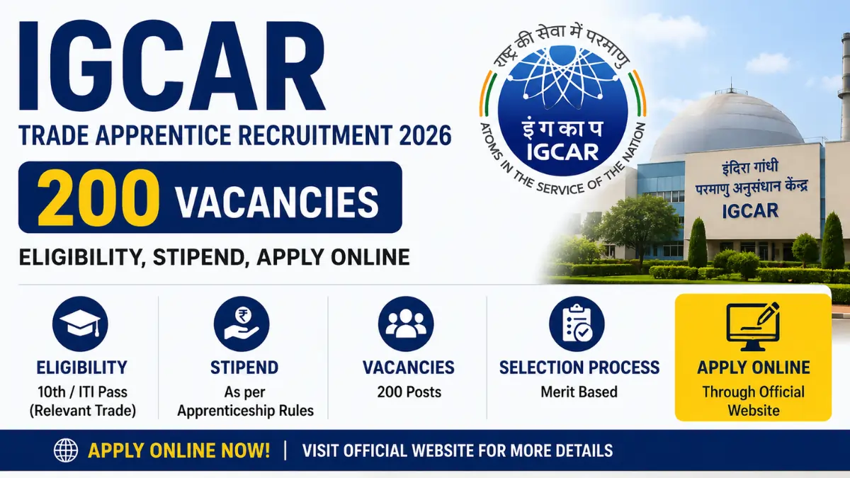 IGCAR Trade Apprentice Recruitment 2026 notification for 200 vacancies with eligibility, stipend details, and online application process.