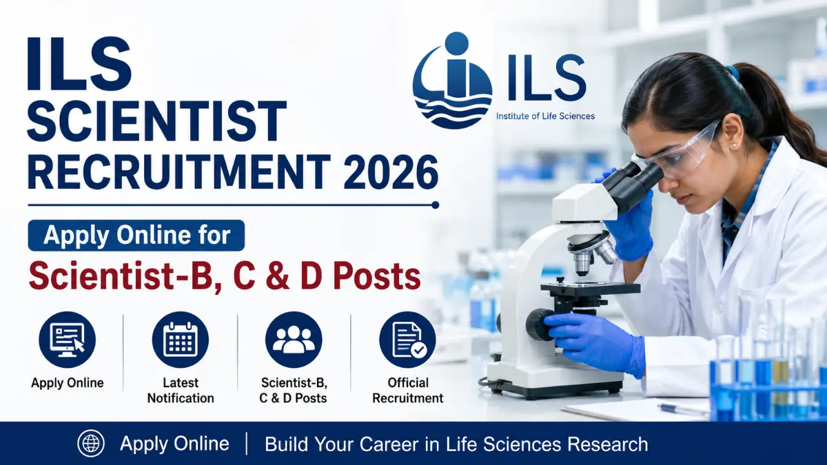 ILS Scientist Recruitment 2026 banner featuring Scientist-B, Scientist-C, and Scientist-D vacancies with a laboratory scientist using a microscope.
