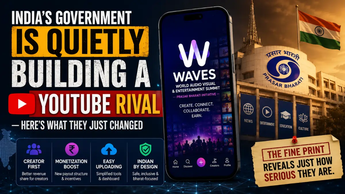 Creative illustration showing India's government expanding the WAVES platform by Prasar Bharati into a creator economy, highlighting a YouTube alternative with creator monetization and digital media features.