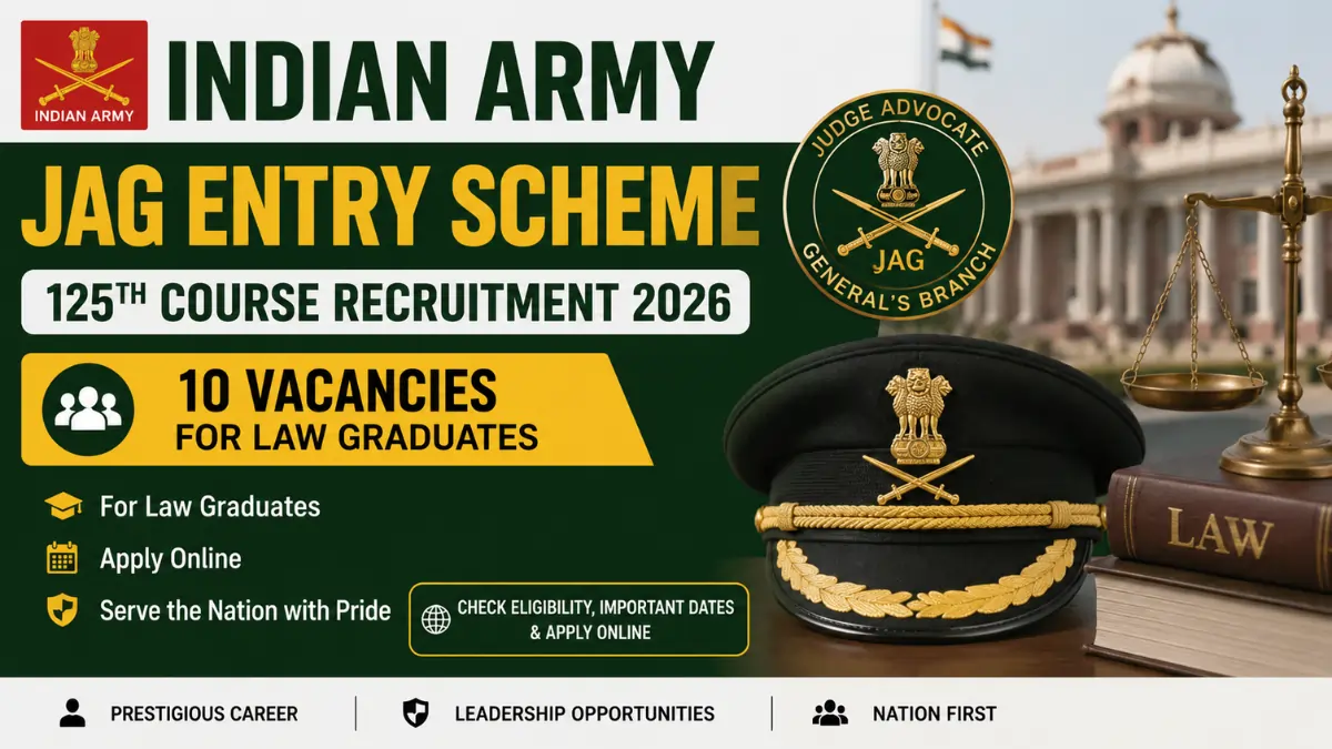 Indian Army JAG Entry Scheme 125th Course Recruitment 2026 banner showing 10 vacancies for law graduates in the Judge Advocate General Branch.