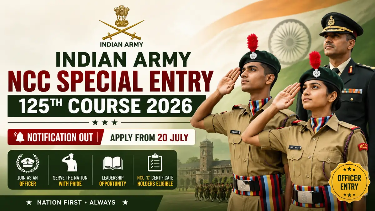 Indian Army NCC Special Entry 125th Course 2026 notification with NCC cadets and officer, applications open from 20 July 2026.