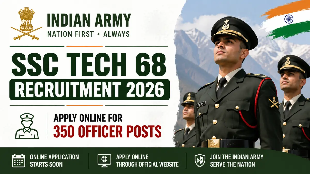 Indian Army SSC Tech 68 Recruitment 2026 notification inviting online applications for 350 Officer posts.
