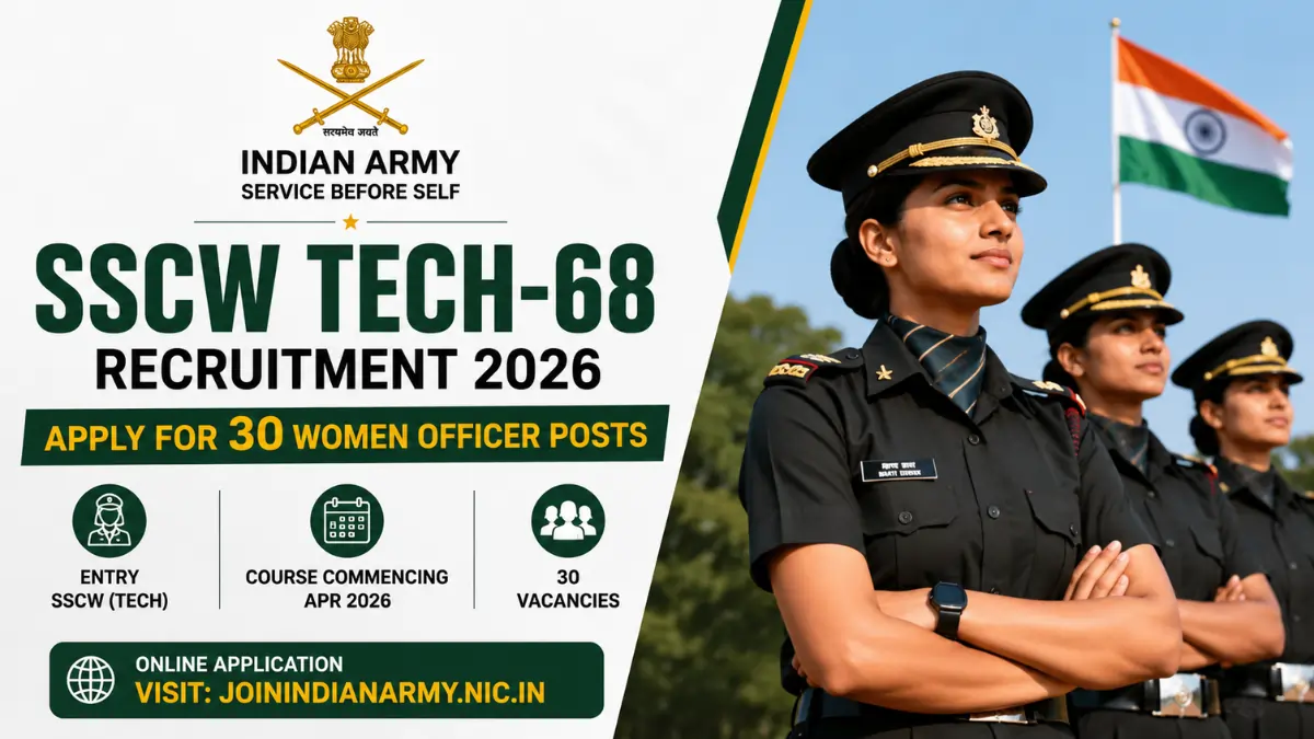 Indian Army SSCW Tech-68 Recruitment 2026 notification inviting online applications for 30 Women Officer posts.