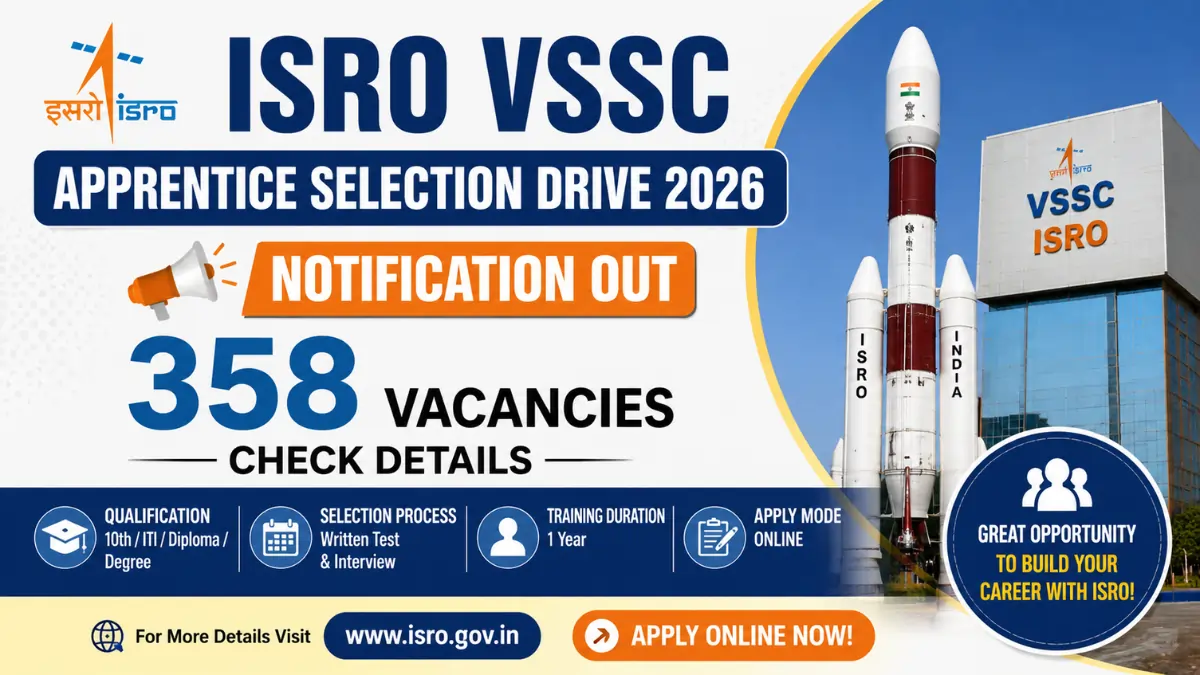 ISRO VSSC Apprentice Selection Drive 2026 notification for 358 apprentice vacancies with ISRO rocket and VSSC background.