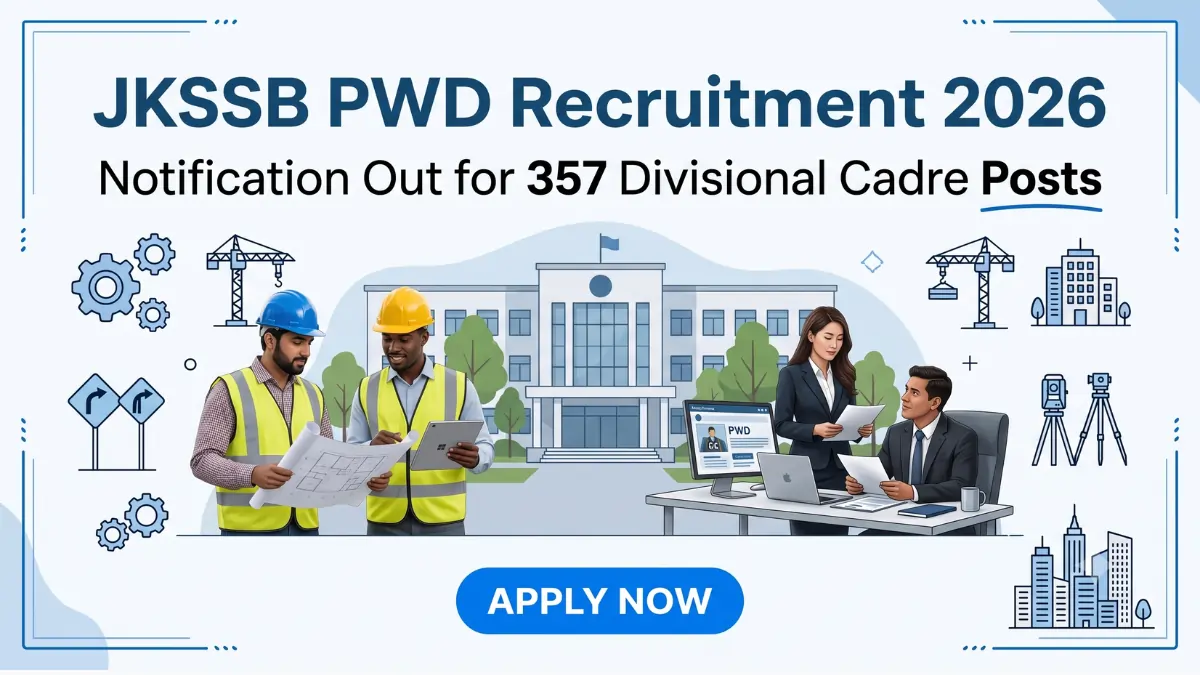 JKSSB PWD Recruitment 2026 notification for 357 Divisional Cadre posts, apply online, eligibility, vacancy details and last date.