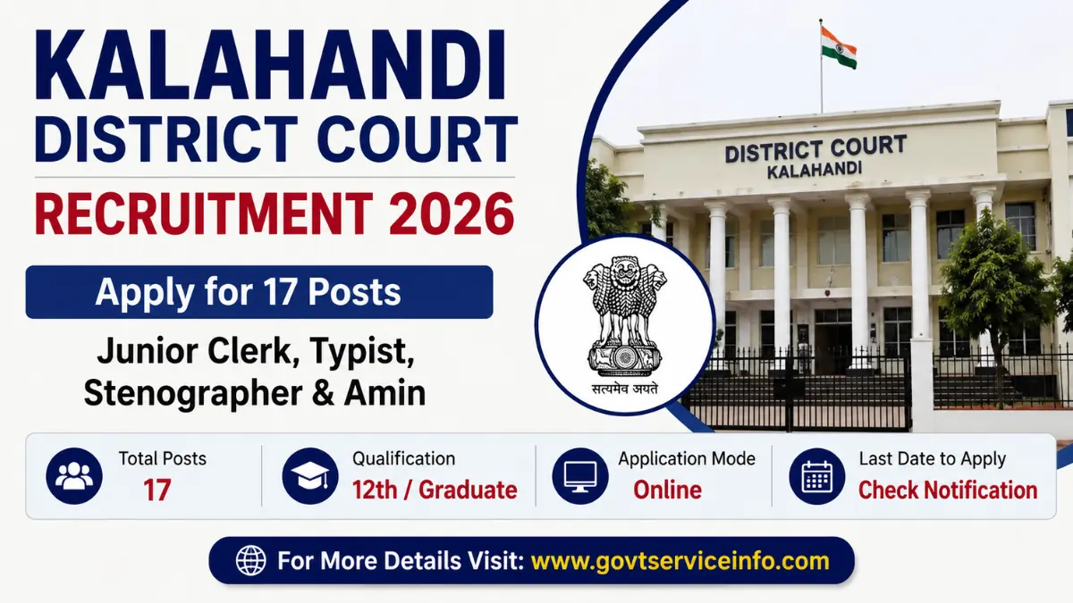 Kalahandi District Court Recruitment 2026 notification for 17 Junior Clerk, Junior Typist, Stenographer Grade-III and Salaried Amin vacancies.