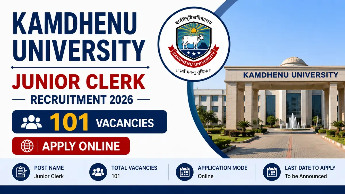 Kamdhenu University Junior Clerk Recruitment 2026 notification for 101 vacancies with online application details.