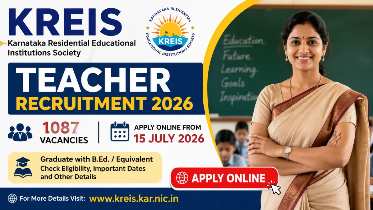 KREIS Teacher Recruitment 2026 notification for 1087 teacher vacancies with online application starting from 15 July 2026.