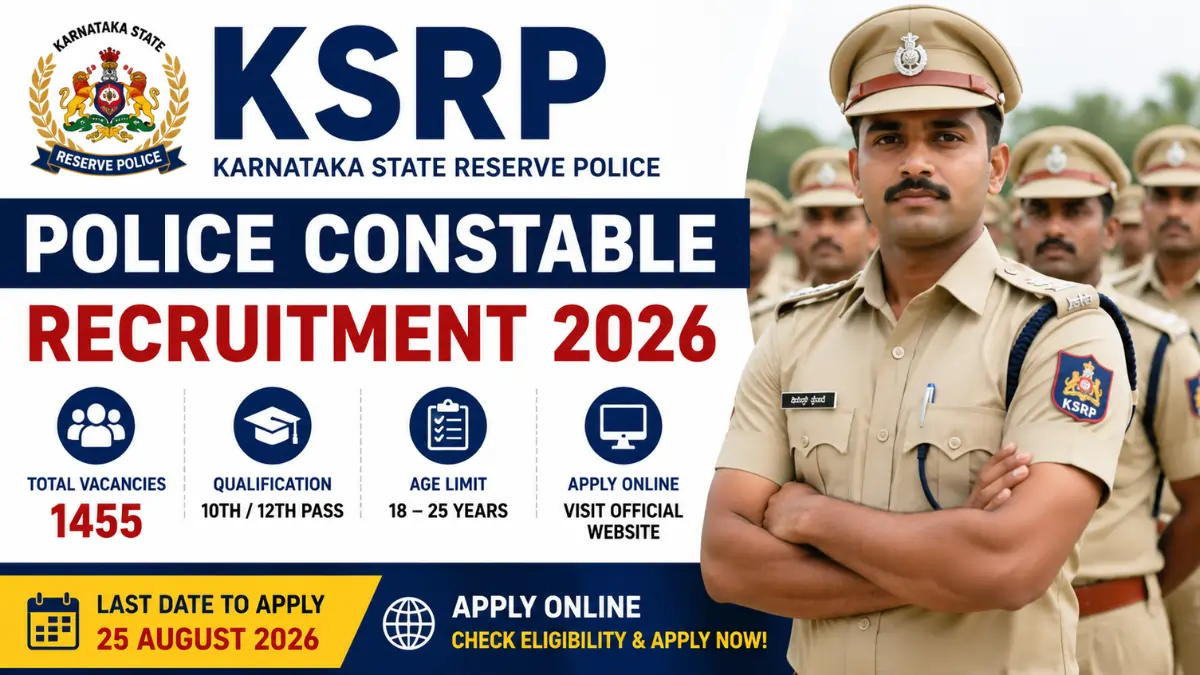 KSRP Police Constable Recruitment 2026 notification for 1455 Police Constable vacancies with eligibility, application dates and online apply details.