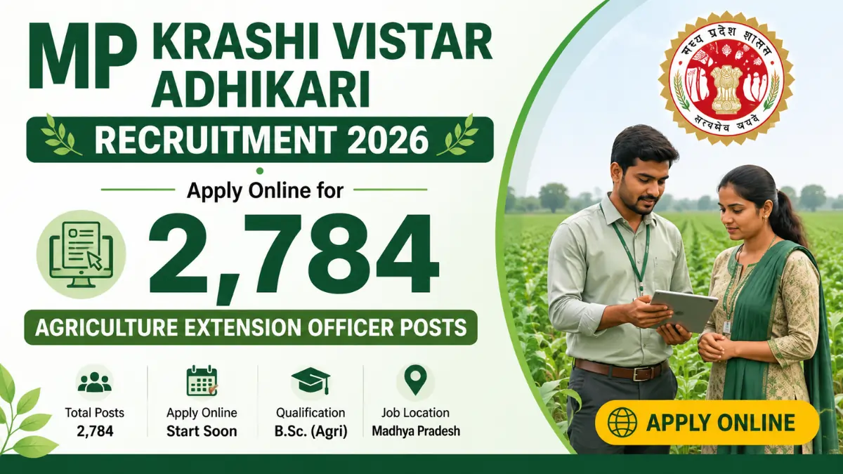MP Krashi Vistar Adhikari Recruitment 2026 banner showing 2,784 Agriculture Extension Officer vacancies with an agriculture field background.