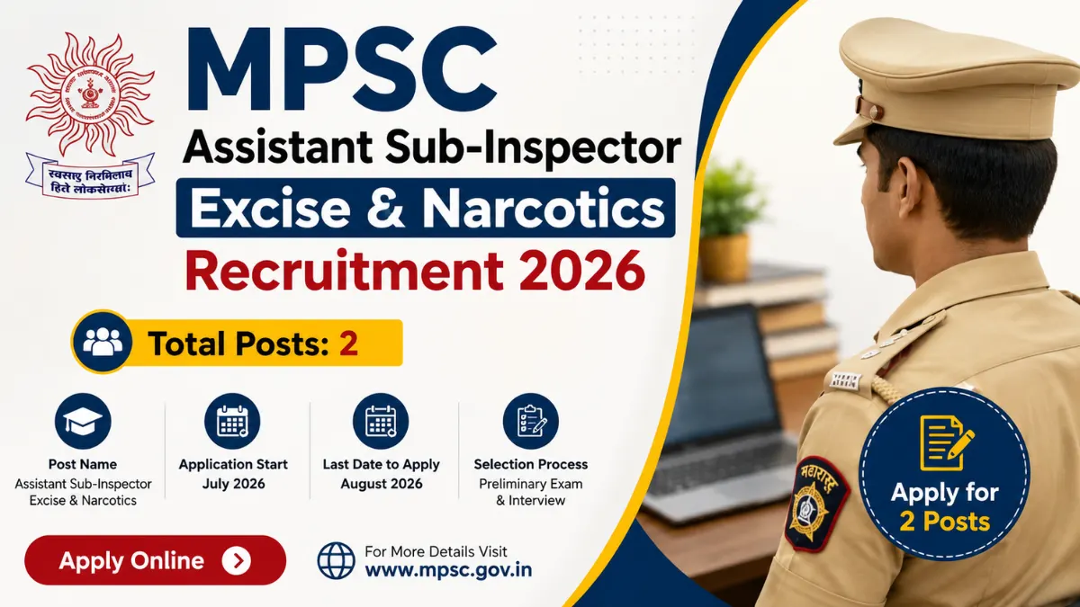 MPSC Assistant Sub-Inspector Excise & Narcotics Recruitment 2026 notification for 2 posts with Maharashtra police officer and recruitment banner.