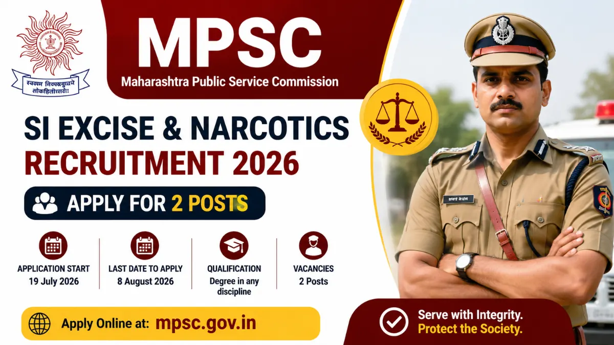MPSC SI Excise & Narcotics Recruitment 2026 notification inviting online applications for 2 Sub Inspector Excise and Narcotics posts in Maharashtra.