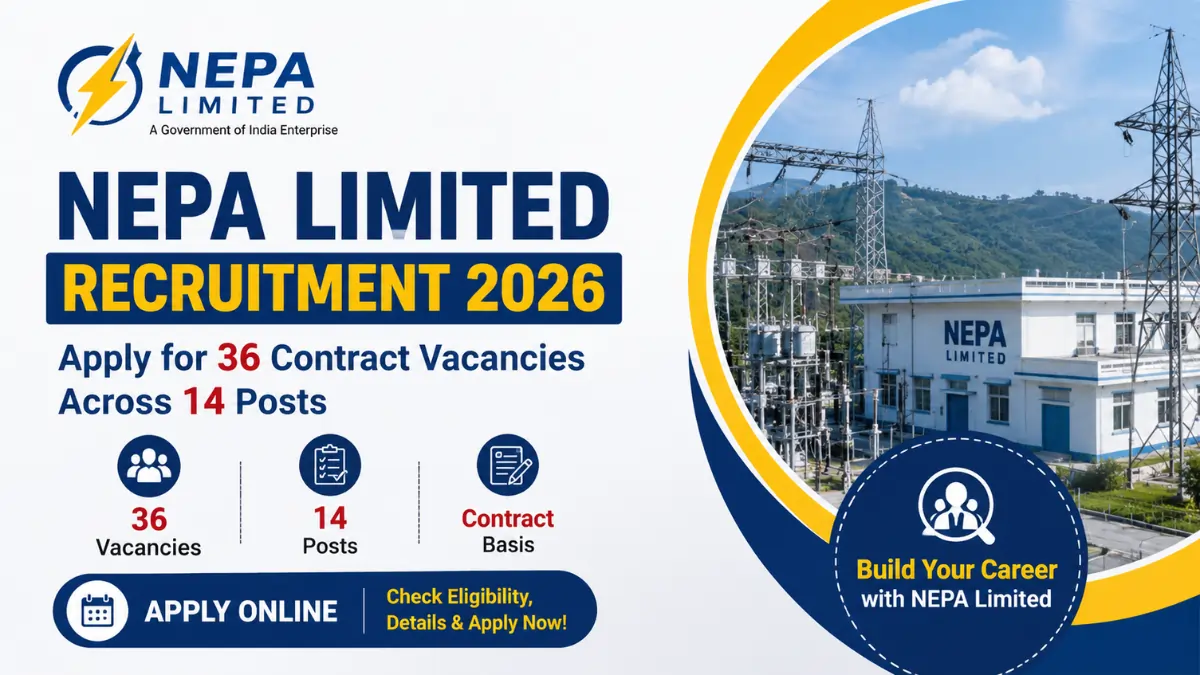 NEPA Limited Recruitment 2026 notification banner for 36 contract vacancies across 14 posts with apply online details.