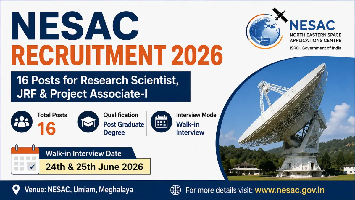 NESAC Recruitment 2026 notification for 16 Research Scientist, Junior Research Fellow (JRF), and Project Associate-I posts through walk-in interview.