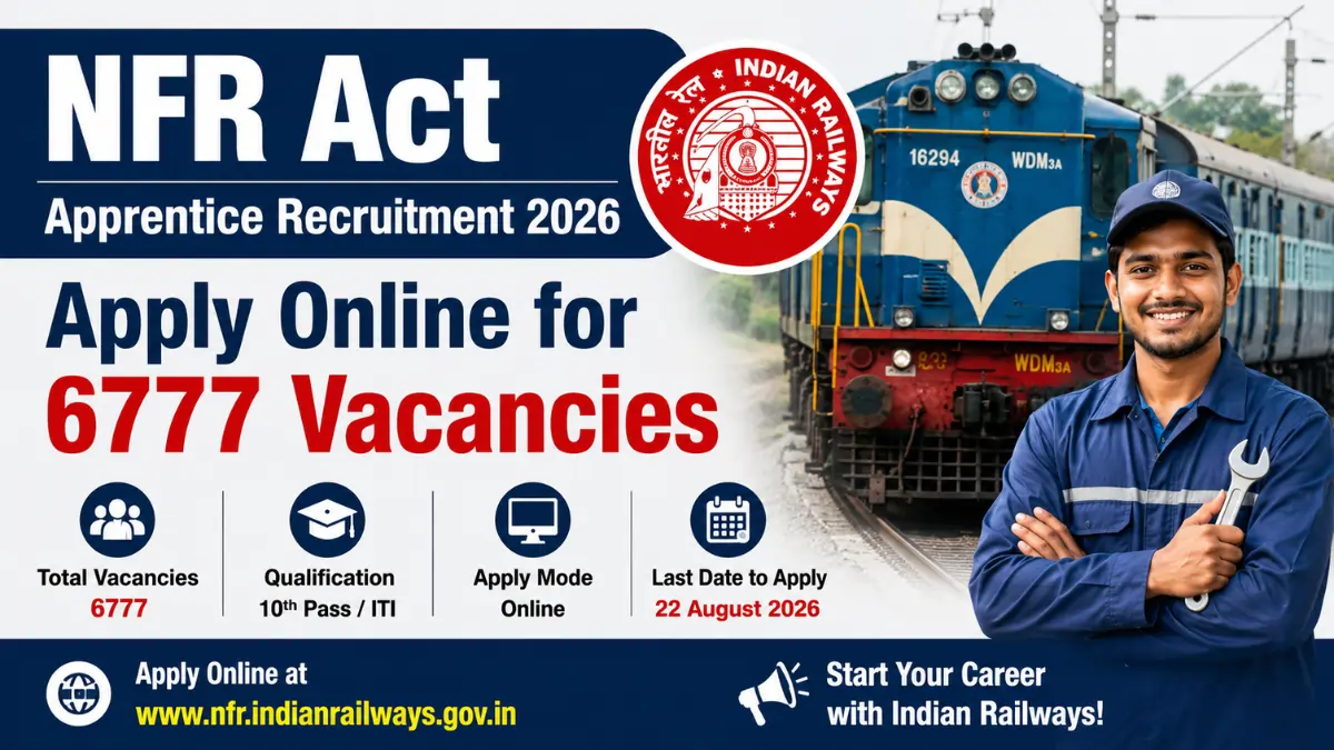 NFR Act Apprentice Recruitment 2026 notification for 6777 apprentice vacancies with online application details for ITI and 10th pass candidates.